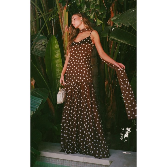 Show Me Your MuMu Dresses & Skirts - Show Me Your Mumu Brown Polka Dot Maxi Dress with Scarf XS Drop Waist Tiered